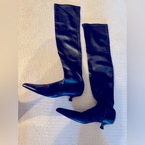 KHAITE Volos black stretch leather over the knee kitten pointed toe heel boots